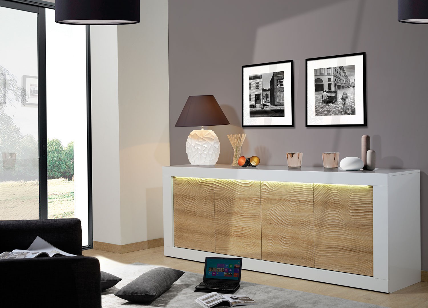 Meuble buffet 4 portes bois et blanc laqué à led