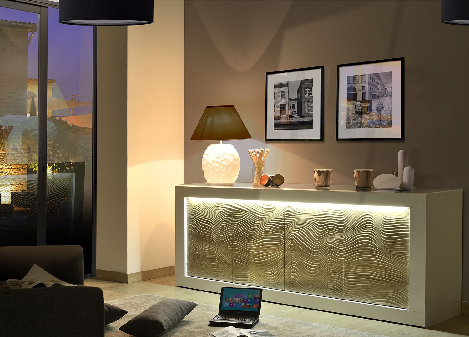 Meuble buffet 4 portes bois et blanc laqué à led