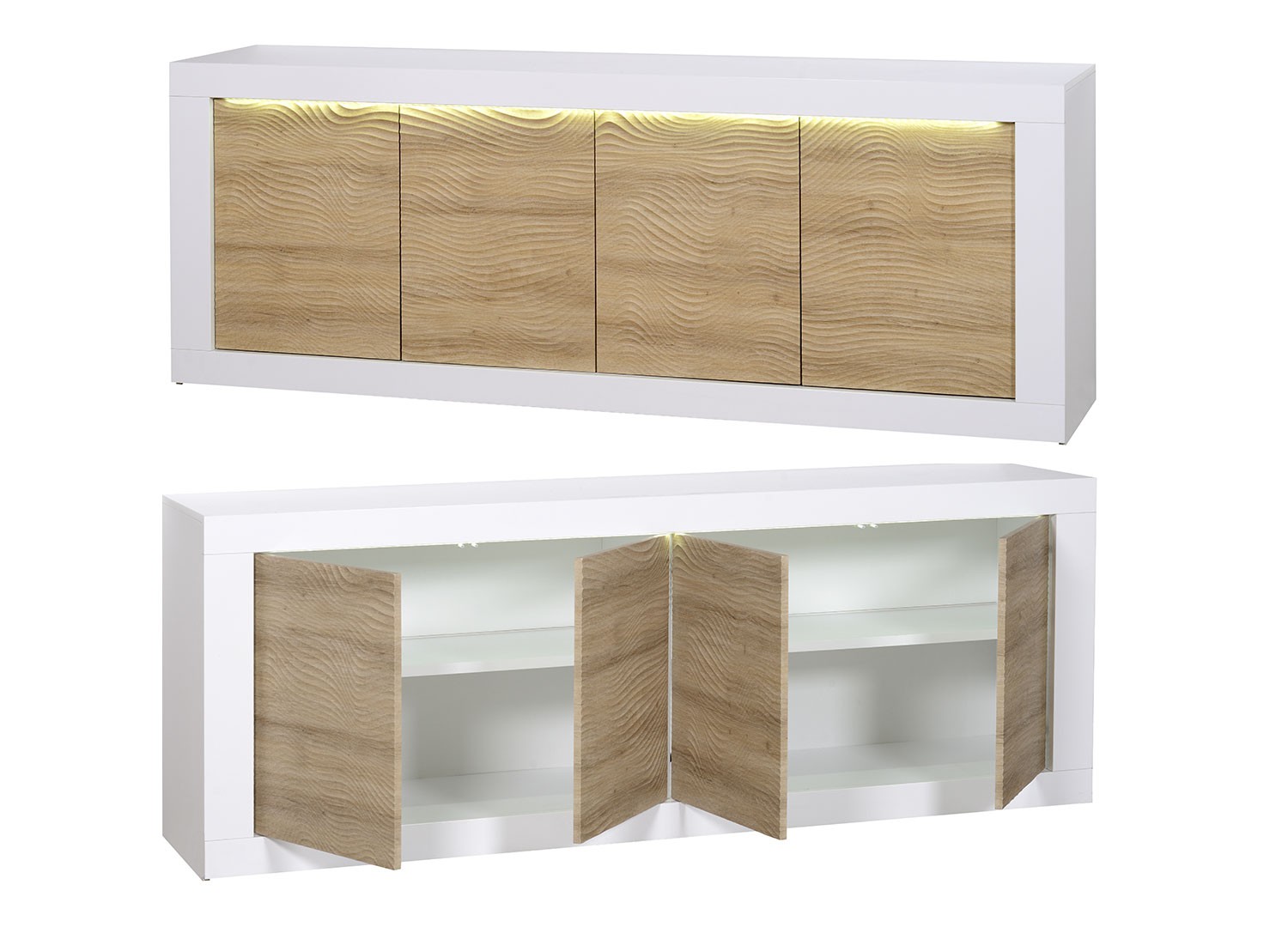 Meuble buffet 4 portes bois et blanc laqué à led