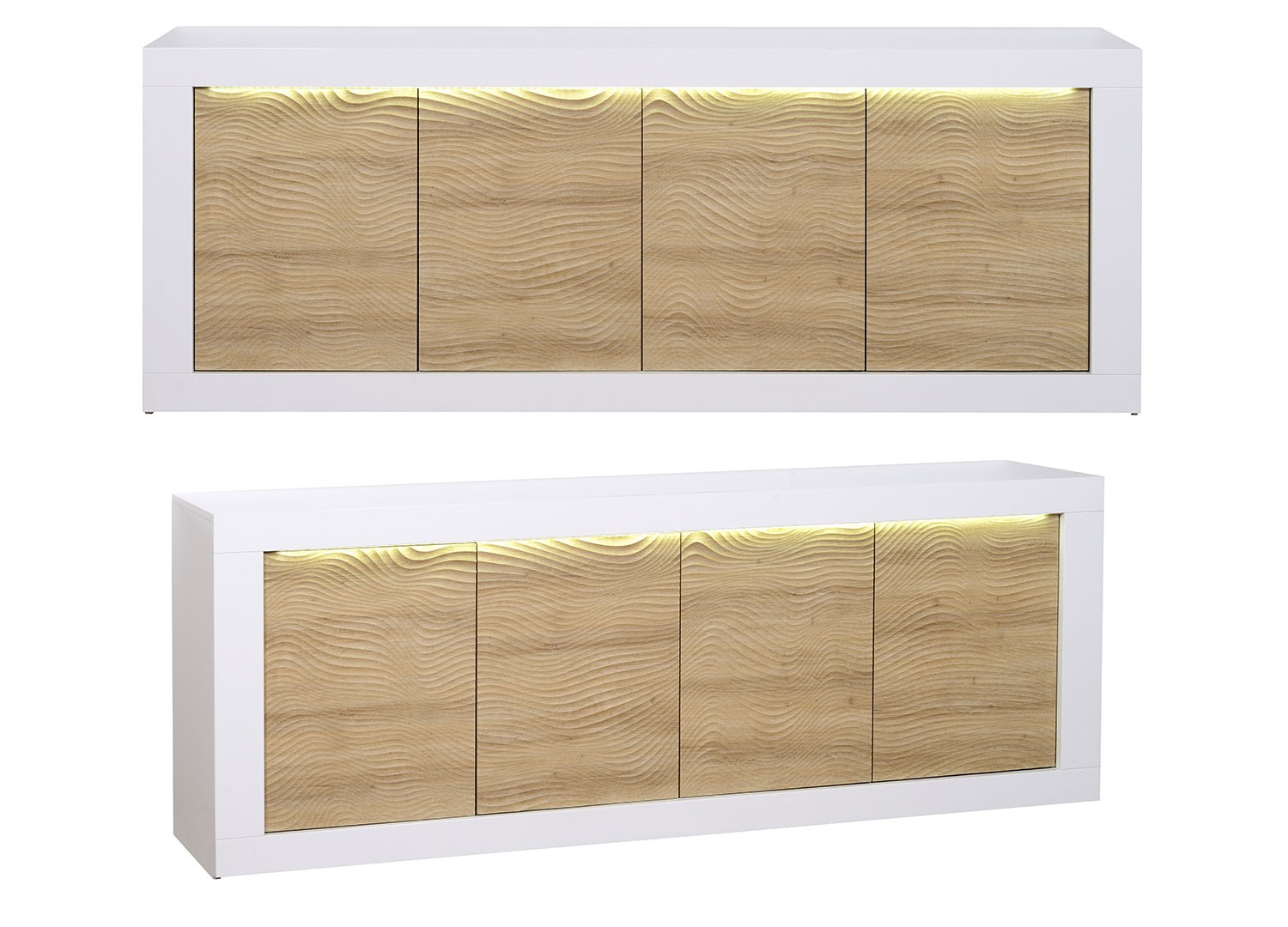 Meuble buffet 4 portes bois et blanc laqué à led