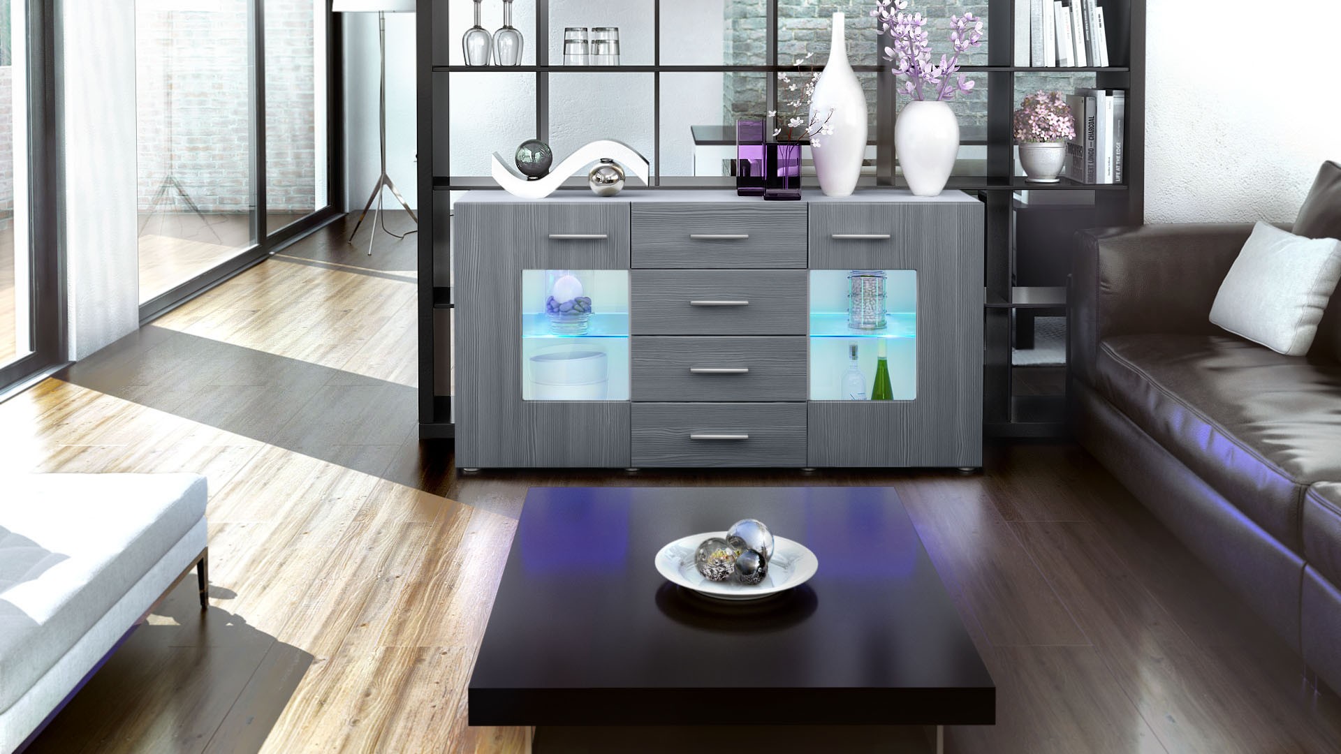 Meuble buffet blanc design 2 portes en verre