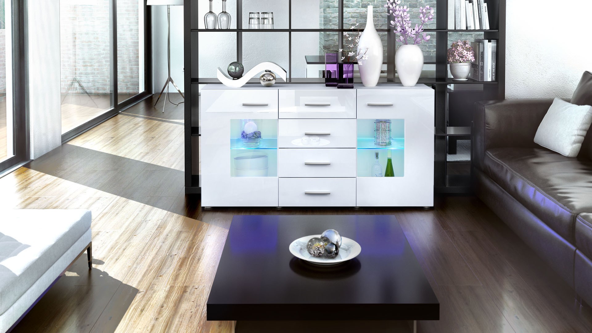 Meuble buffet blanc design 2 portes en verre