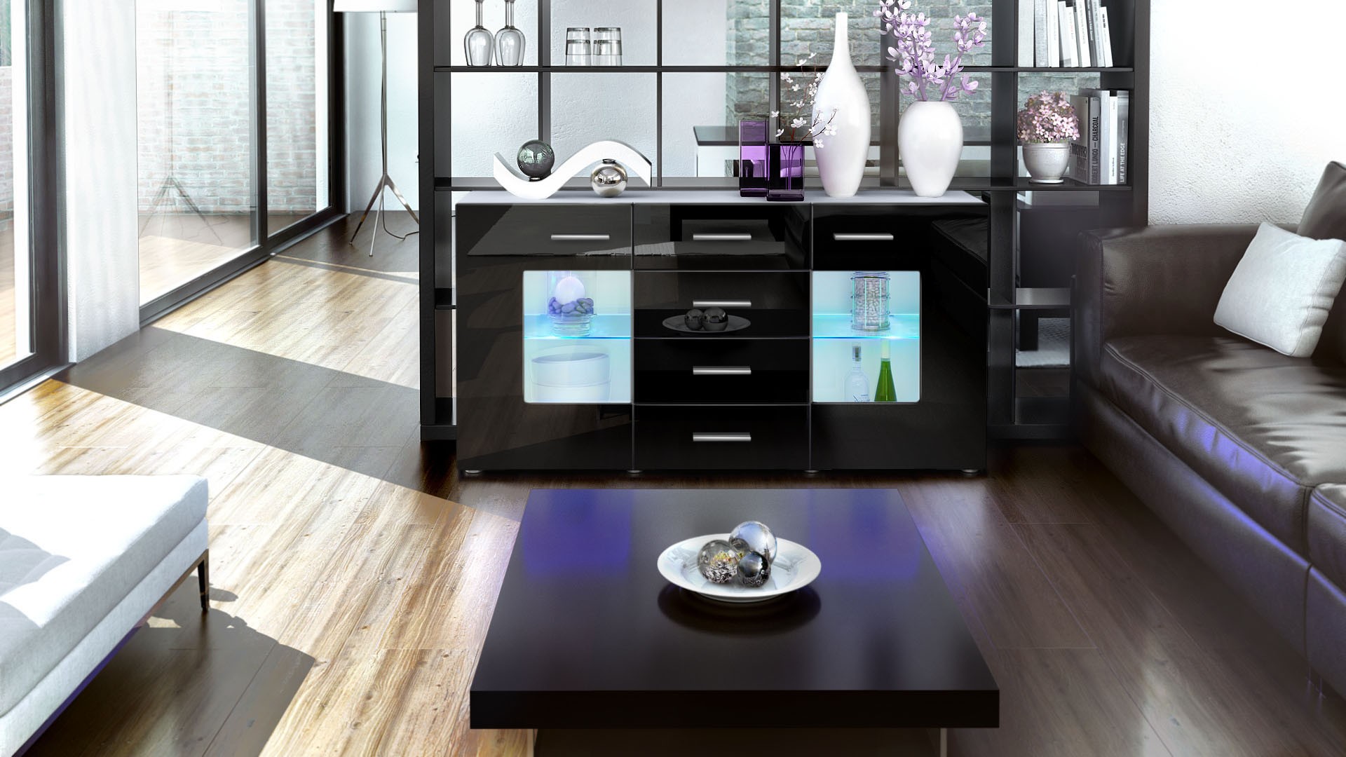 Meuble buffet blanc design 2 portes en verre