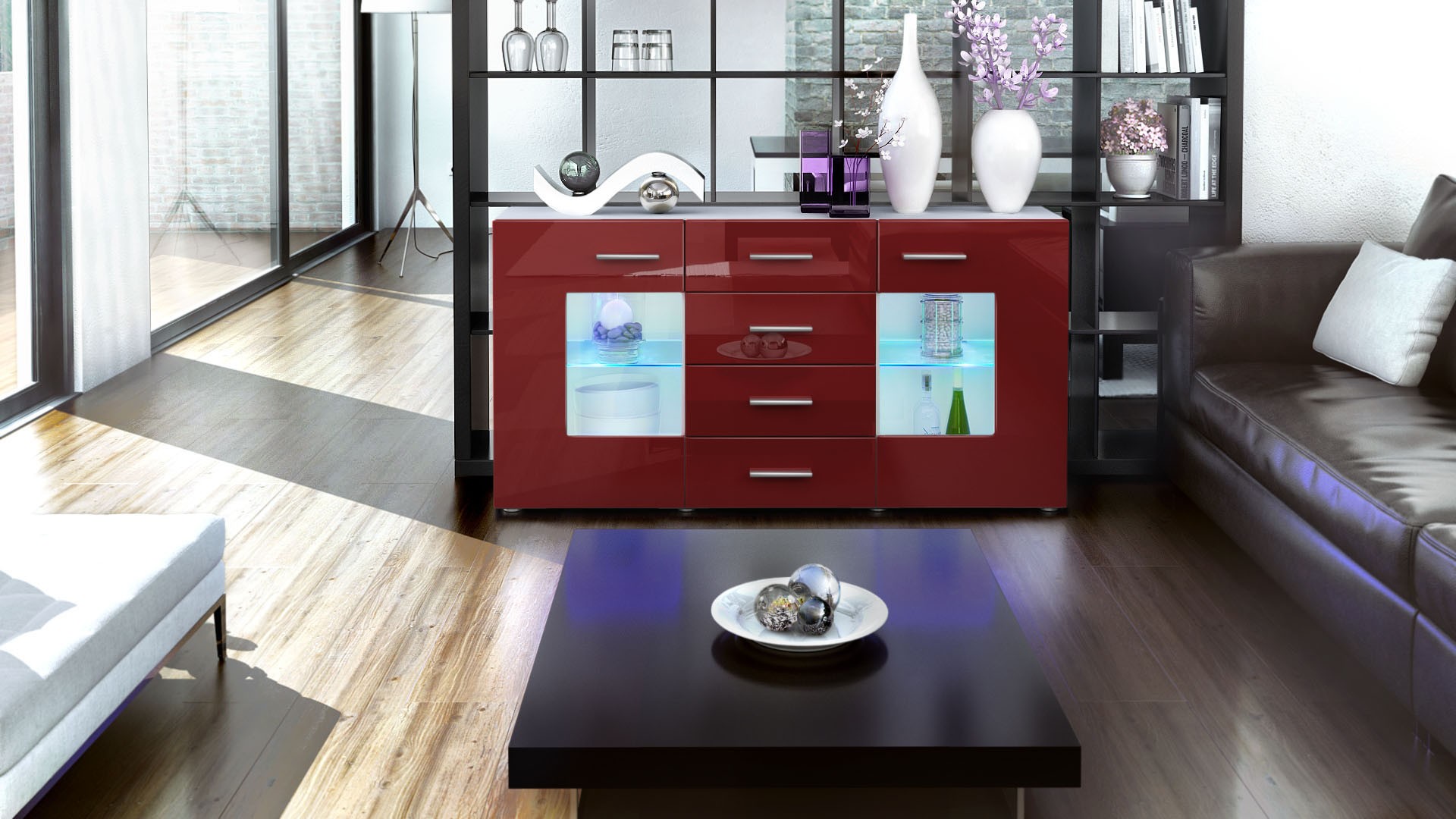 Meuble buffet blanc design 2 portes en verre