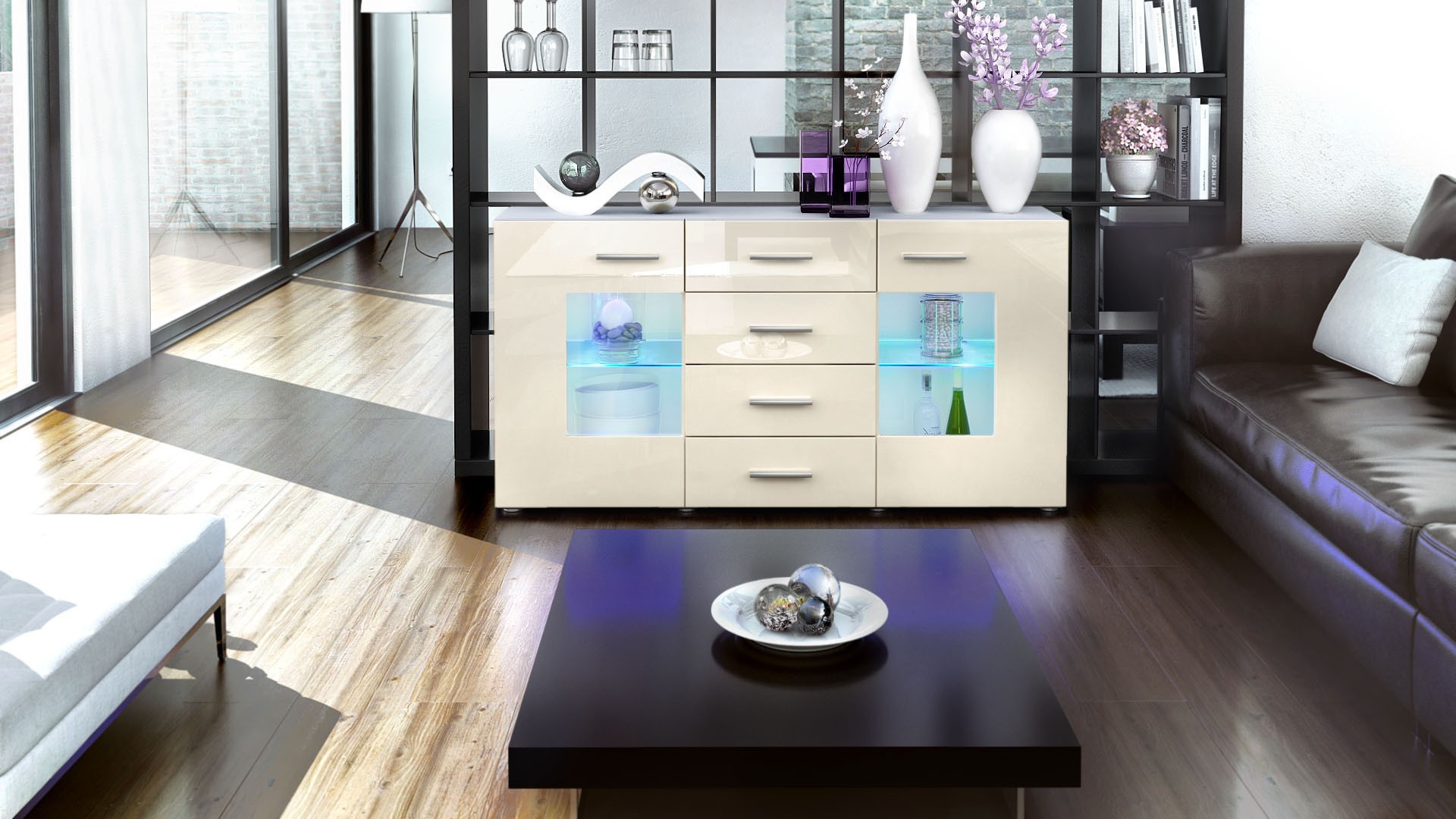 Meuble buffet blanc design 2 portes en verre