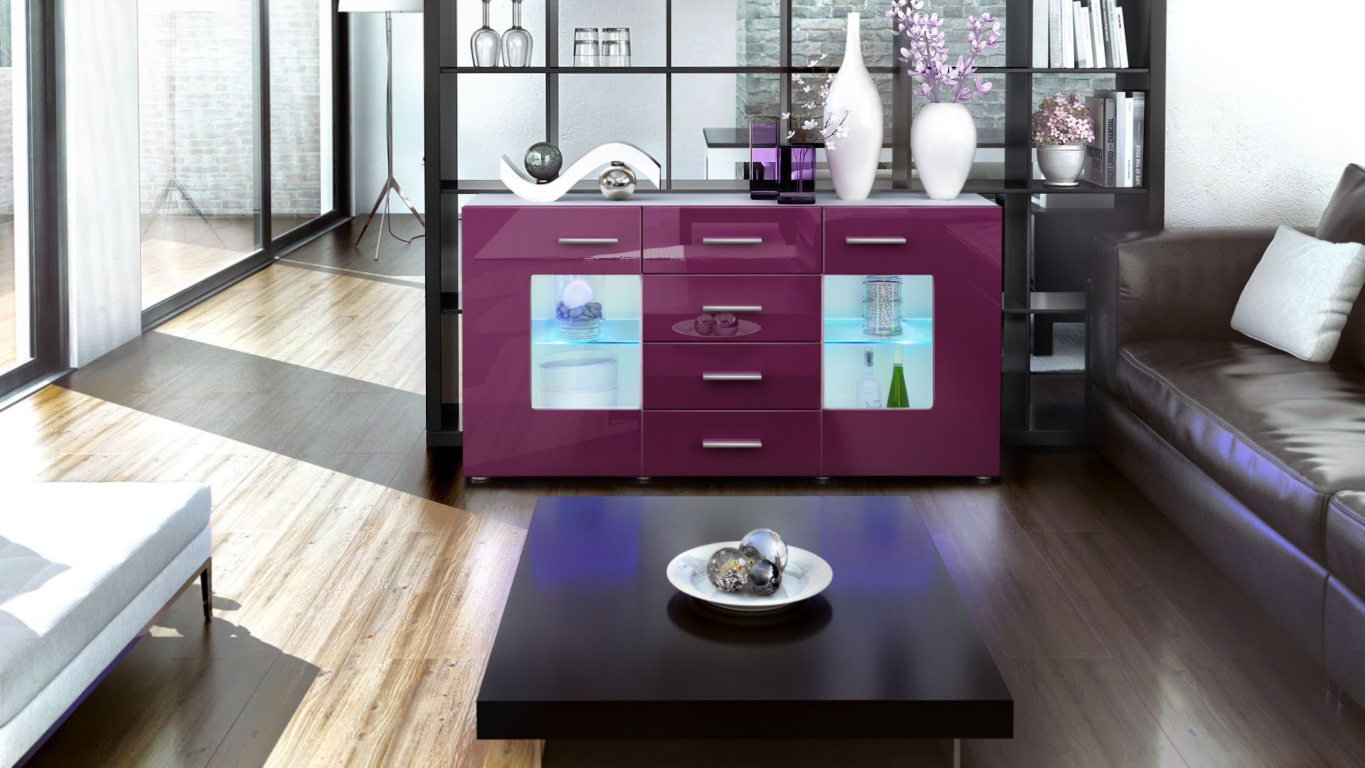 Meuble buffet blanc design 2 portes en verre