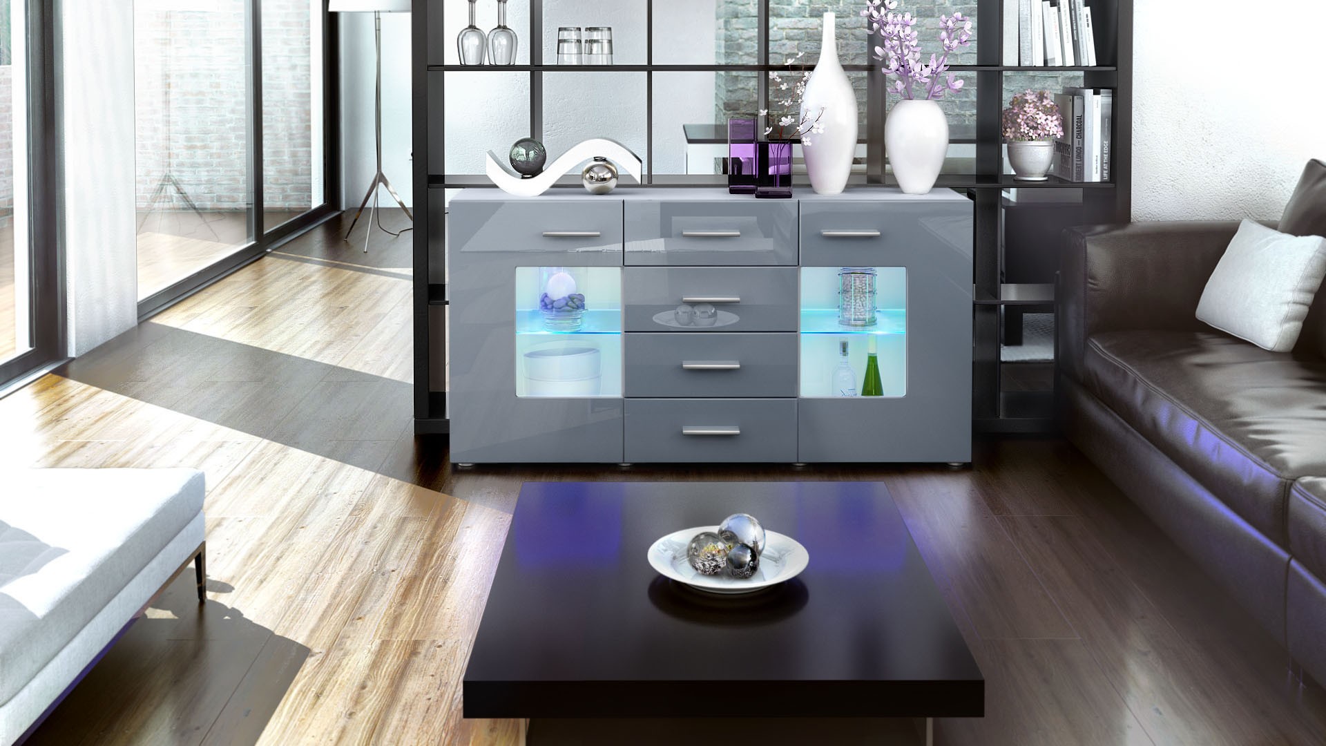Meuble buffet blanc design 2 portes en verre