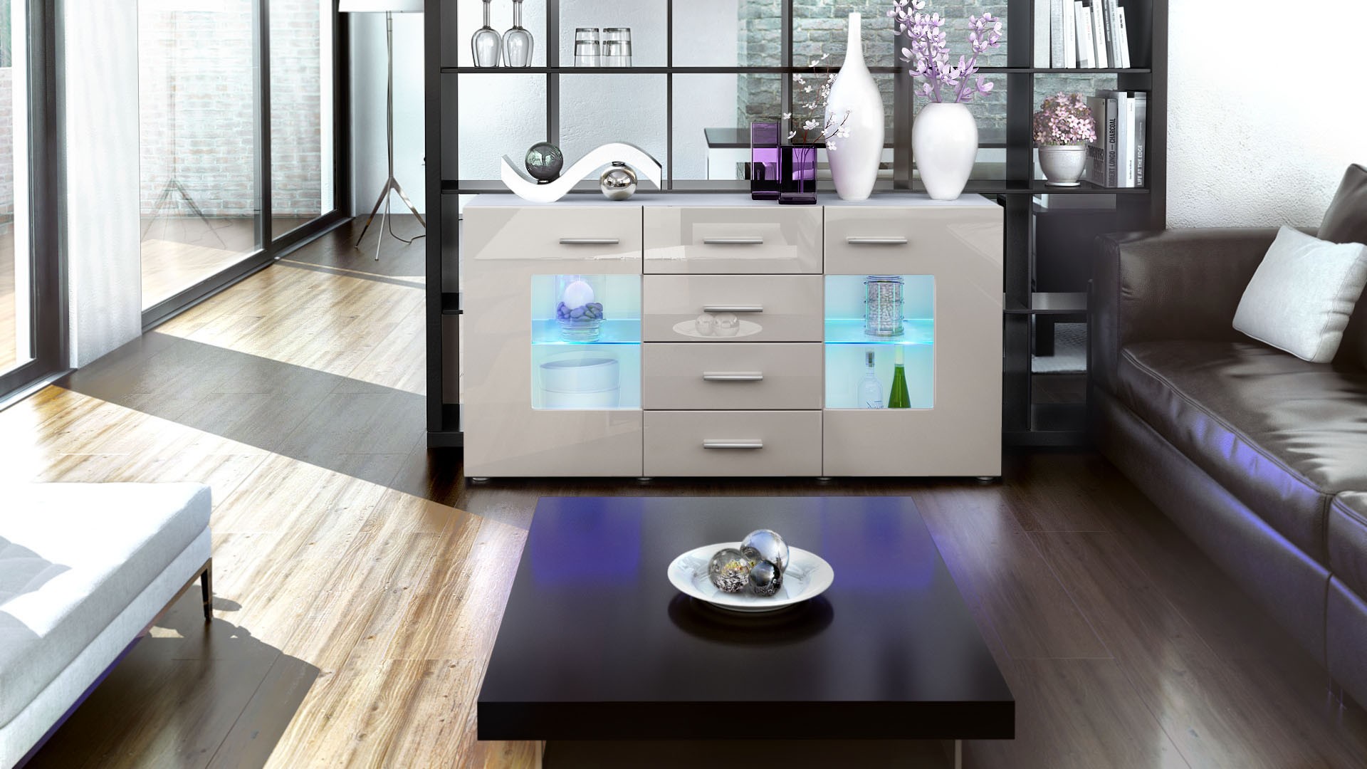 Meuble buffet blanc design 2 portes en verre