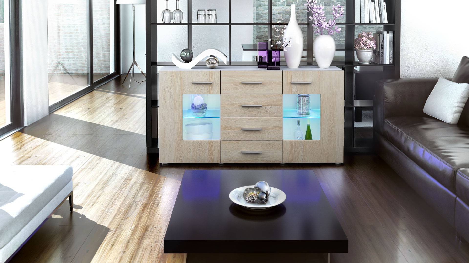 Meuble buffet blanc design 2 portes en verre