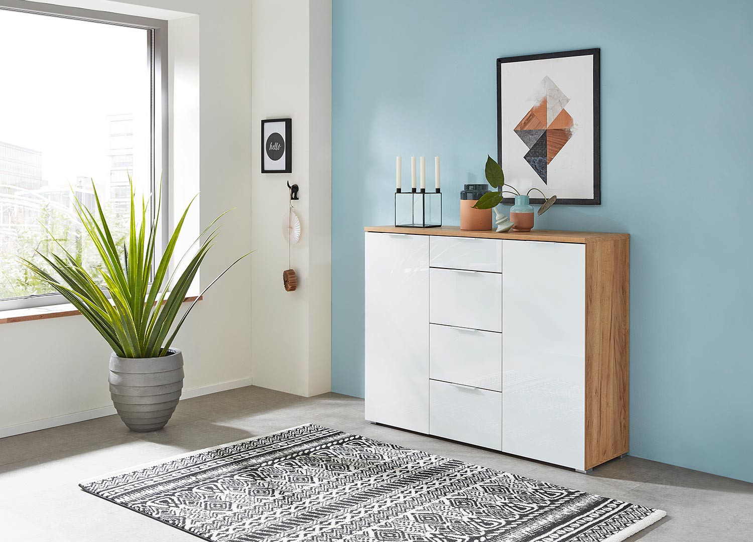 Meuble buffet bois et blanc façade en verre 135 cm