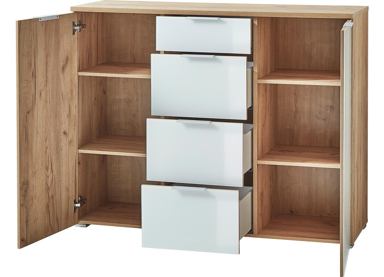 Meuble buffet bois et blanc façade en verre 135 cm