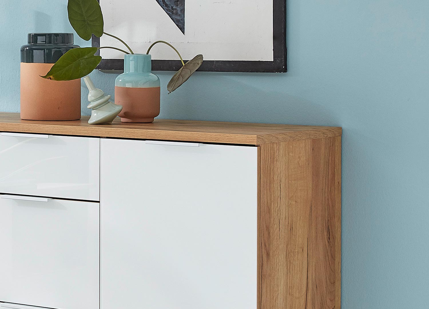 Meuble buffet bois et blanc façade en verre 135 cm