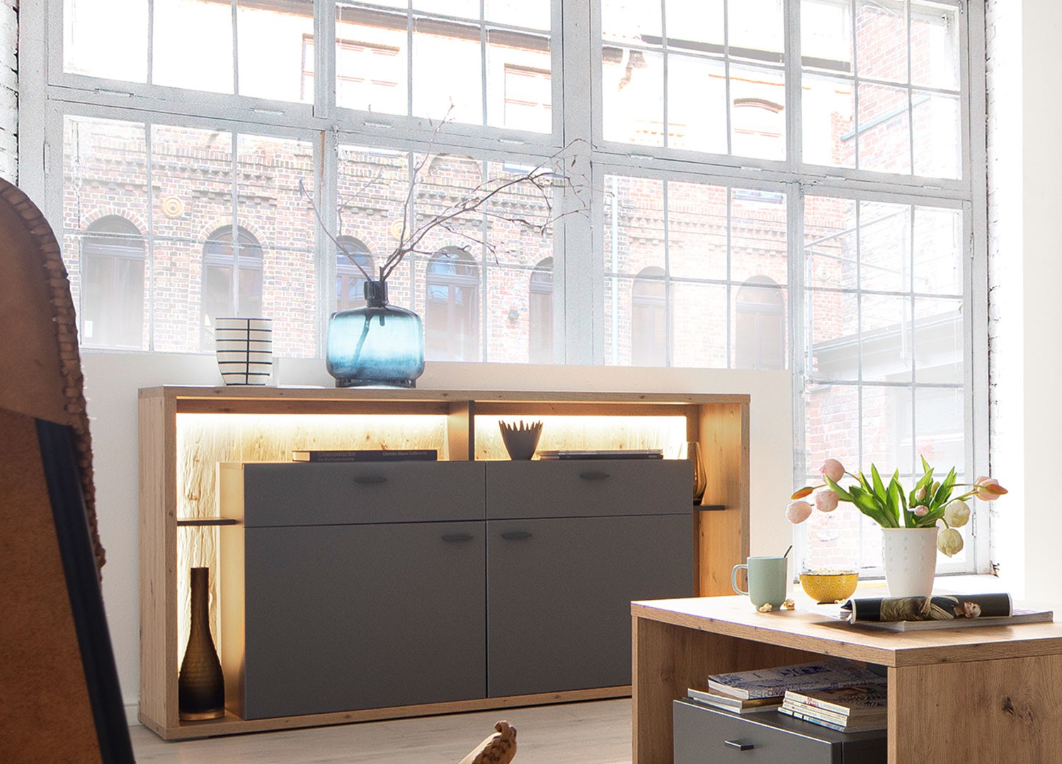 Meuble buffet design 1m56 gris et bois