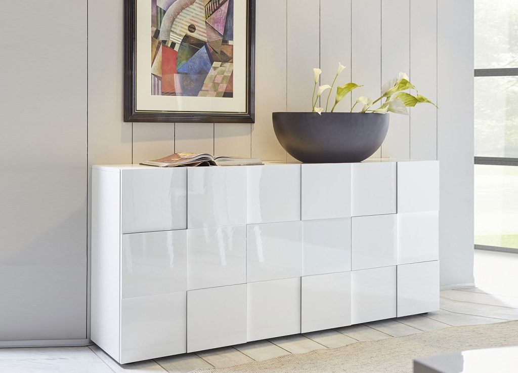Meuble buffet design blanc laqué 3 portes 181 cm