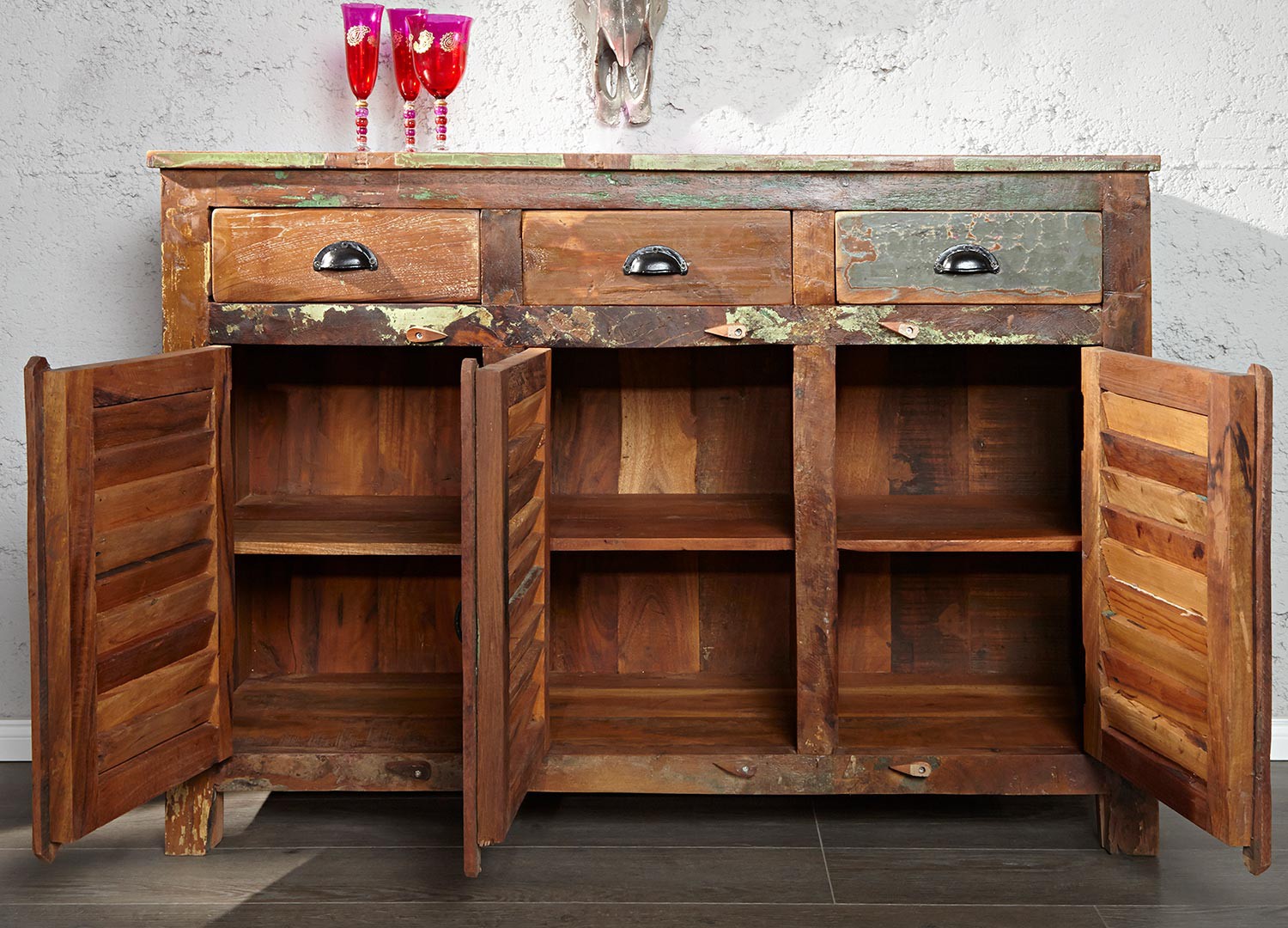 Meuble buffet en bois recyclé coloré 1m25