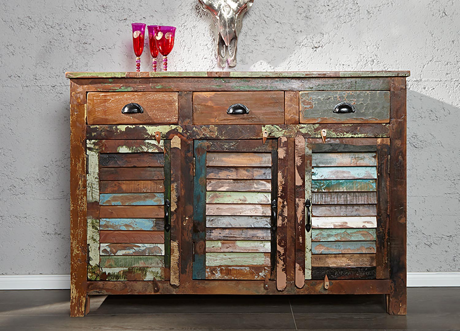 Meuble buffet en bois recyclé coloré 1m25