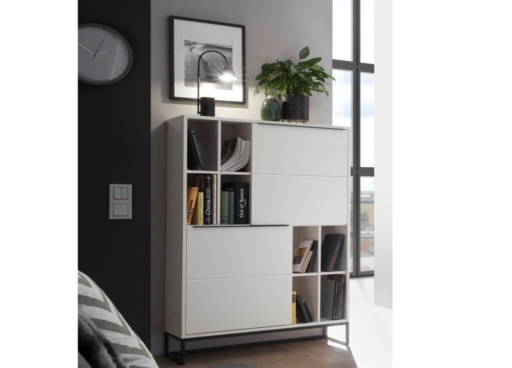 Meuble buffet haut blanc laqué mat et métal