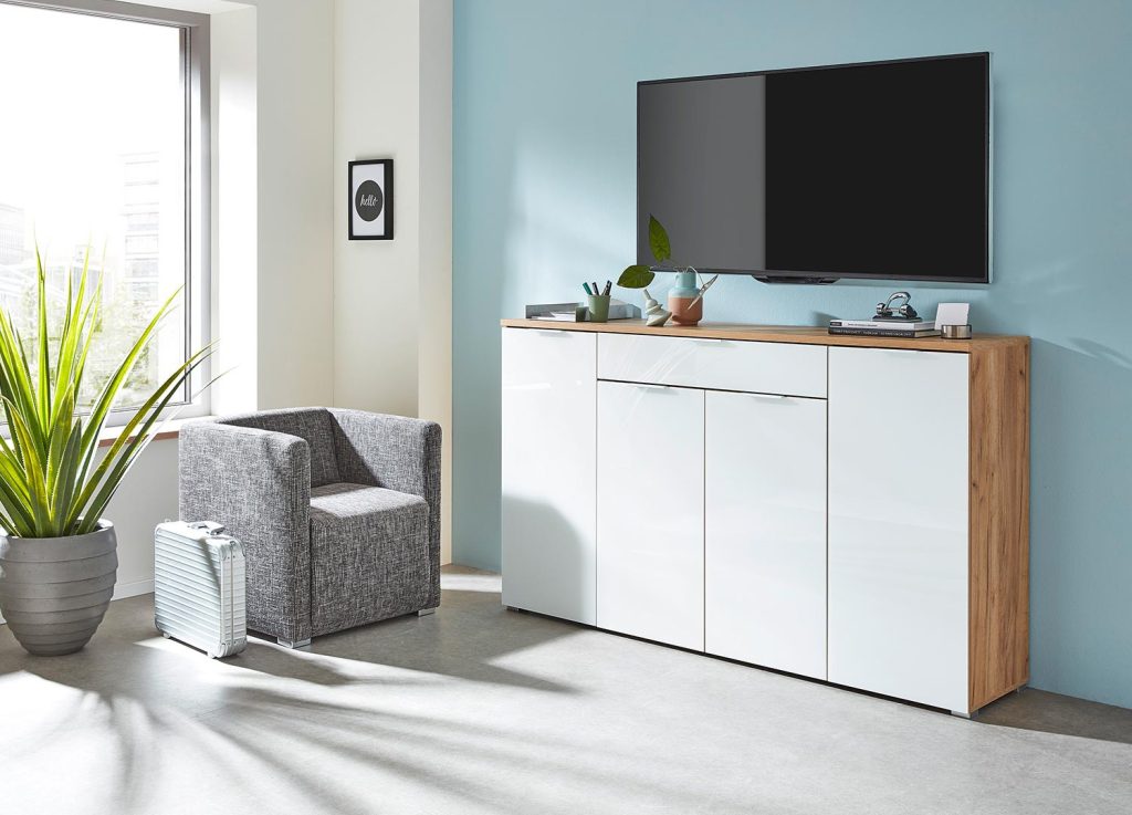 Meuble buffet moderne bois et blanc façade en verre 180 cm