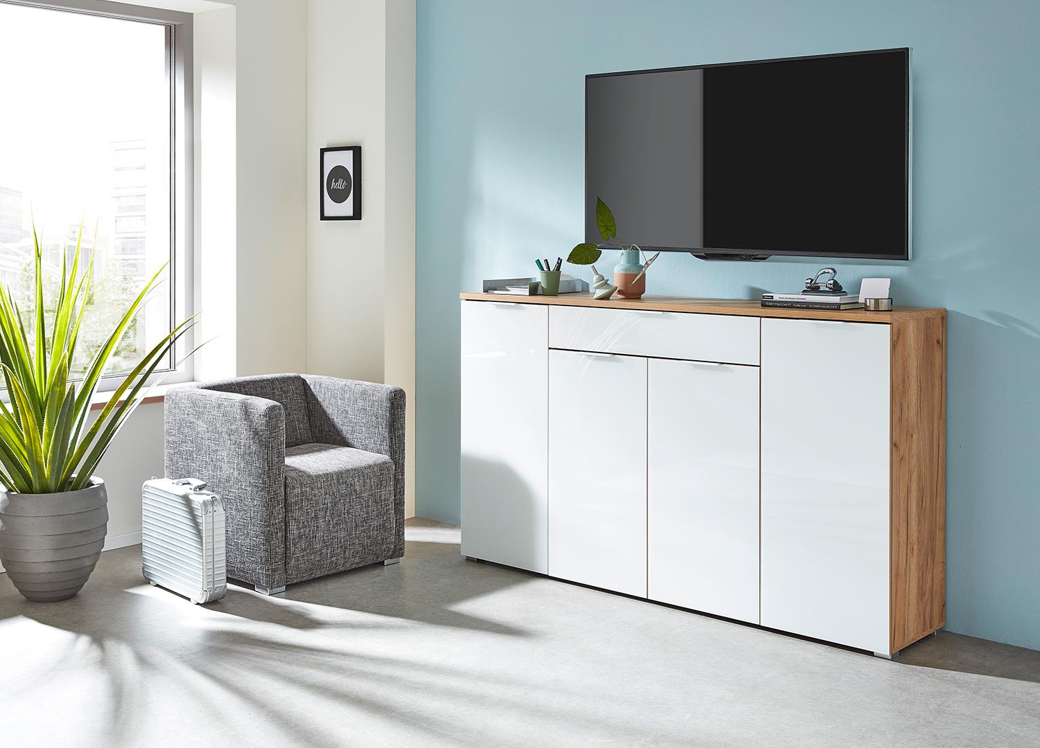 Meuble buffet moderne bois et blanc façade en verre 180 cm