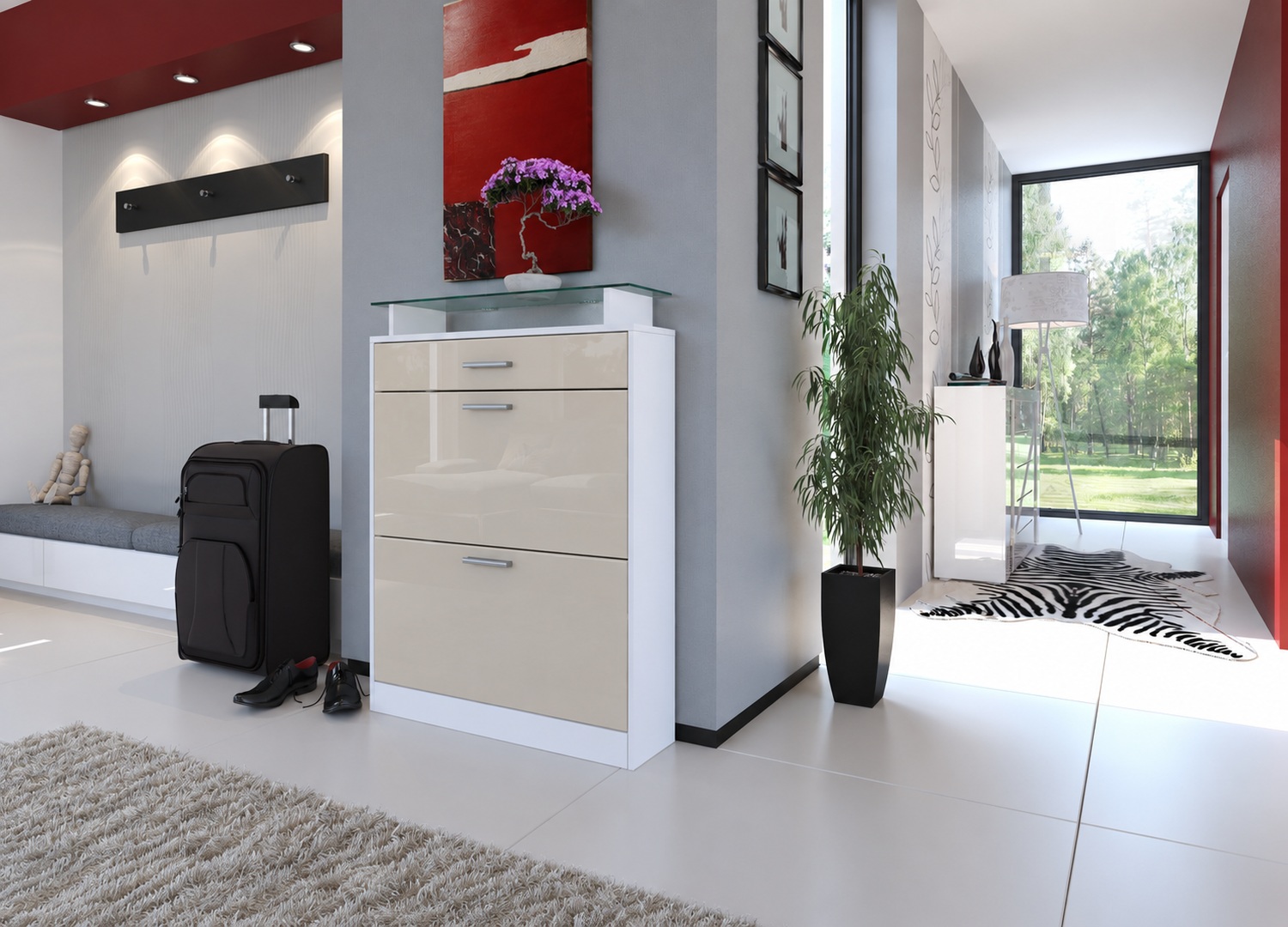 Meuble à chaussures grège laqué design avec rangements pour entrée moderne