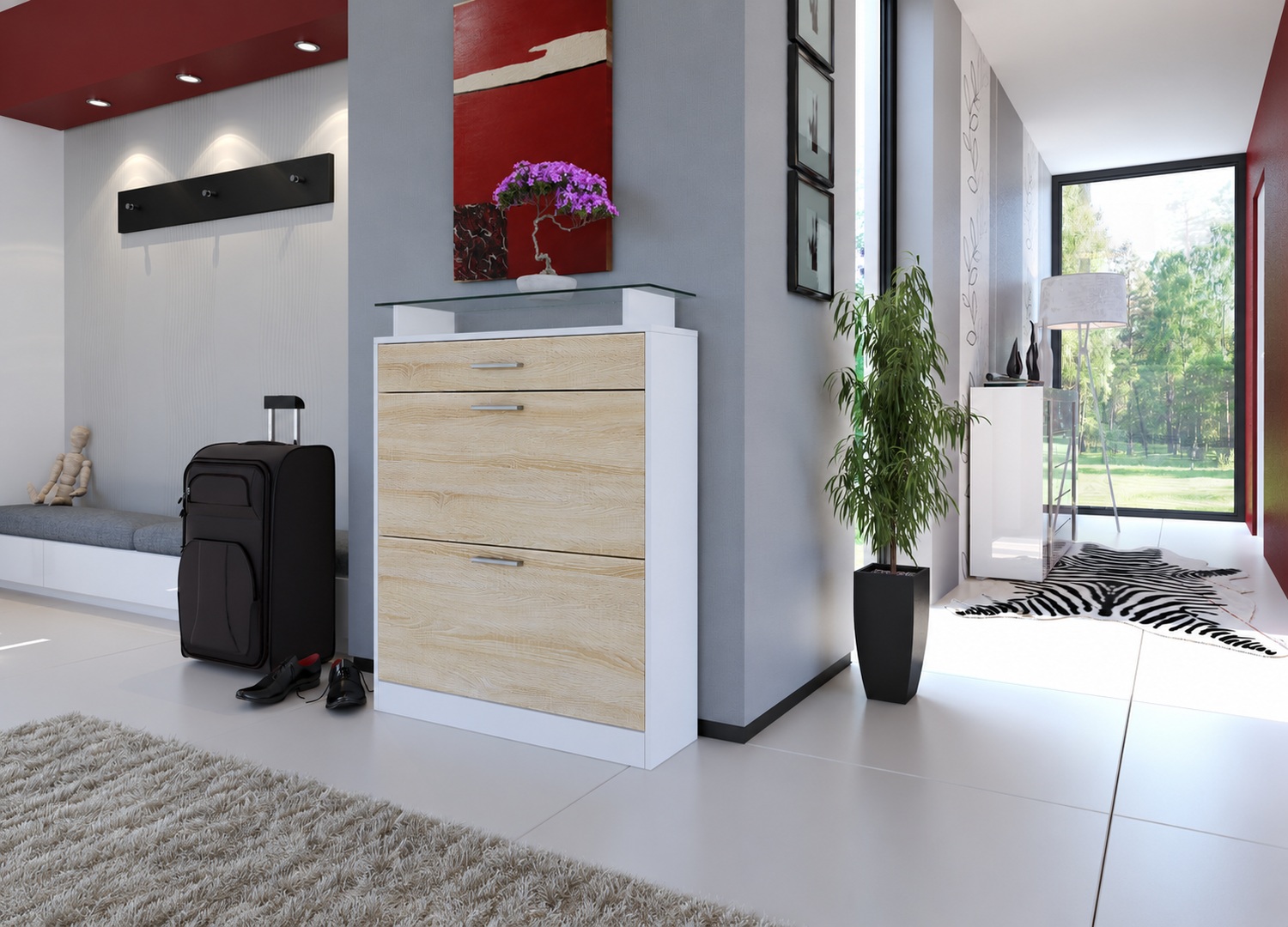Meuble à chaussures bois clair design moderne avec rangements pour entrée