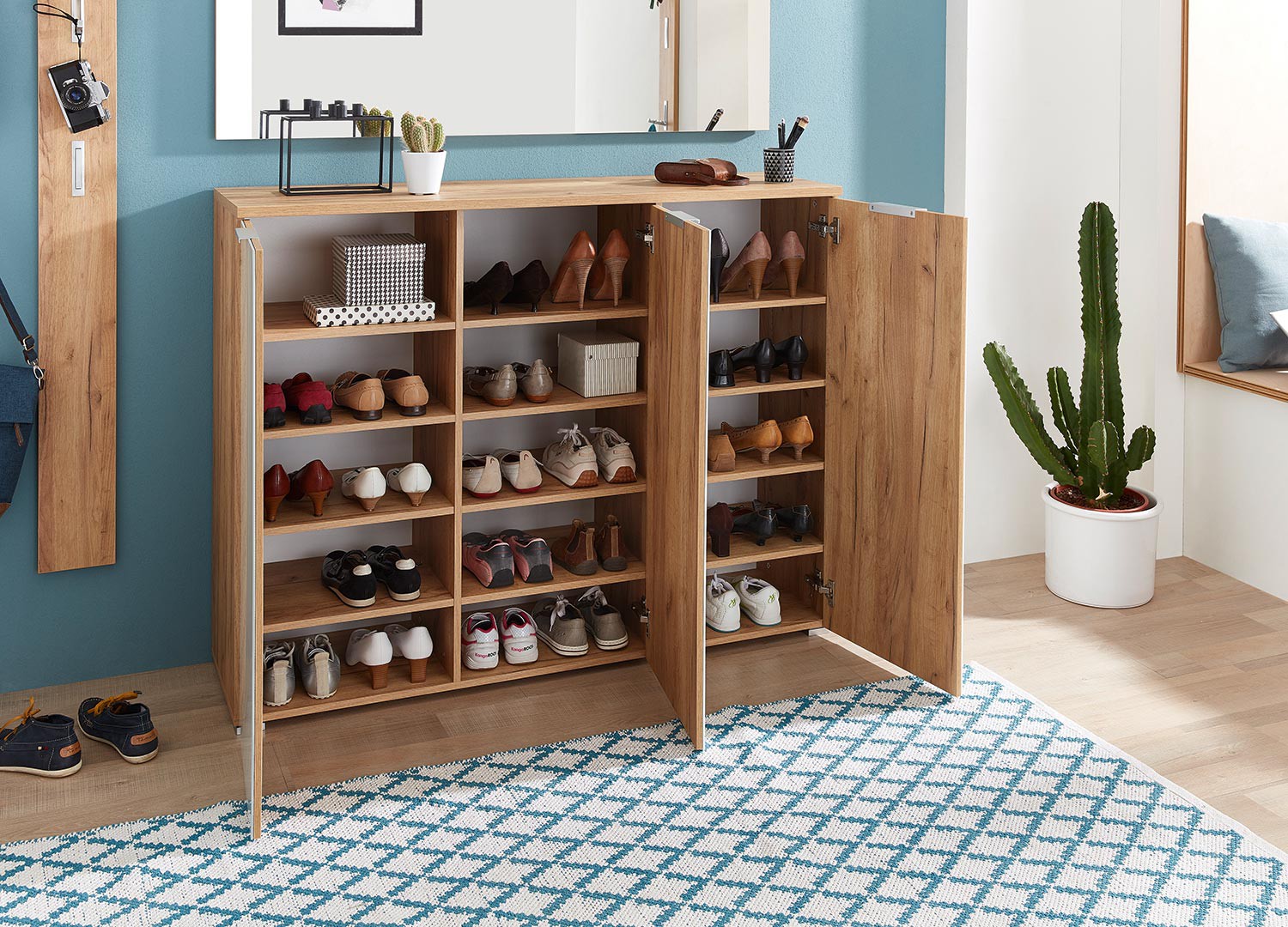 Meuble chaussures bois et verre blanc 30 paires