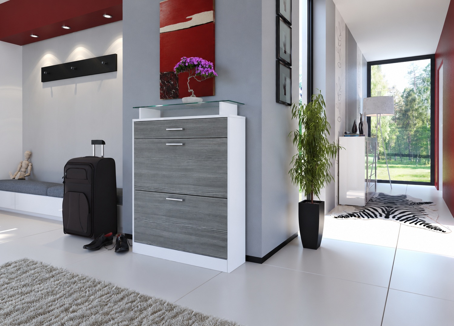 Meuble à chaussures gris texturé design avec rangements pour entrée contemporaine