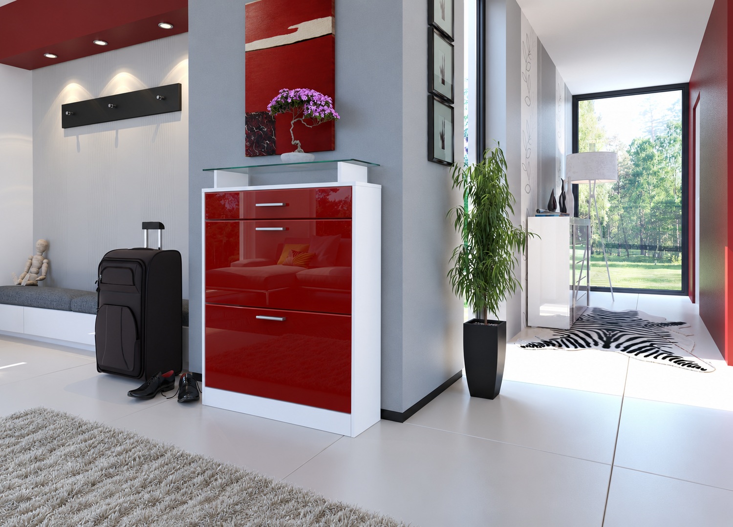 Meuble à chaussures rouge laqué design moderne avec plateau en verre