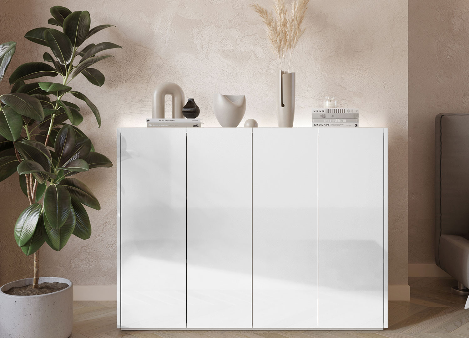 Meuble commode blanc brillant et chêne 126 cm avec éclairage Onda
