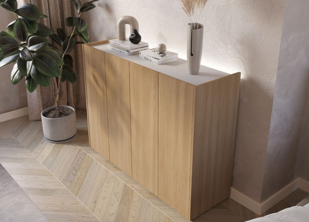 Meuble commode finition chêne et blanc brillant 126 cm avec éclairage Onda