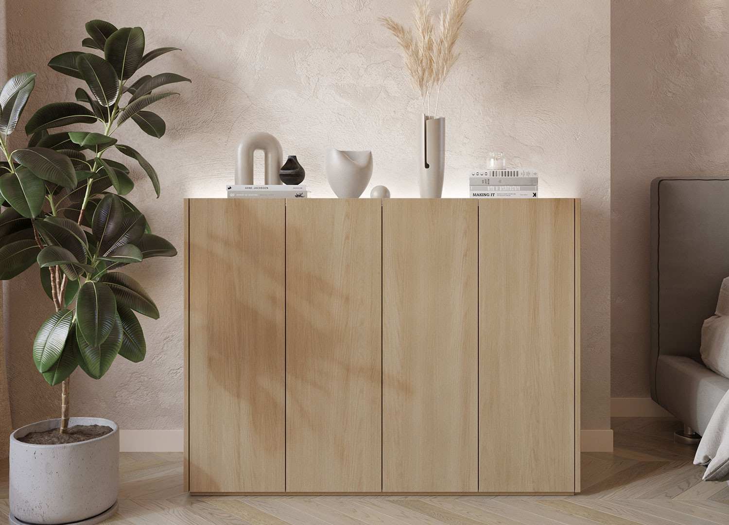 Meuble commode finition chêne et blanc brillant 126 cm avec éclairage Onda