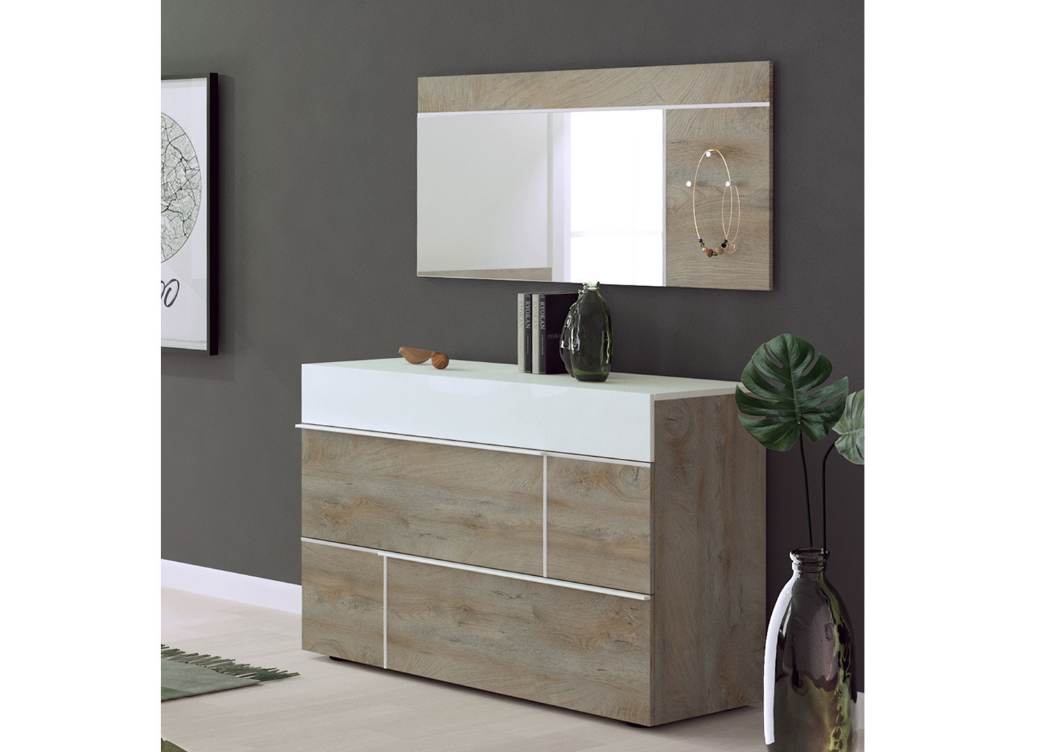 Meuble commode rangement 3 tiroirs blanc laqué mat et bois