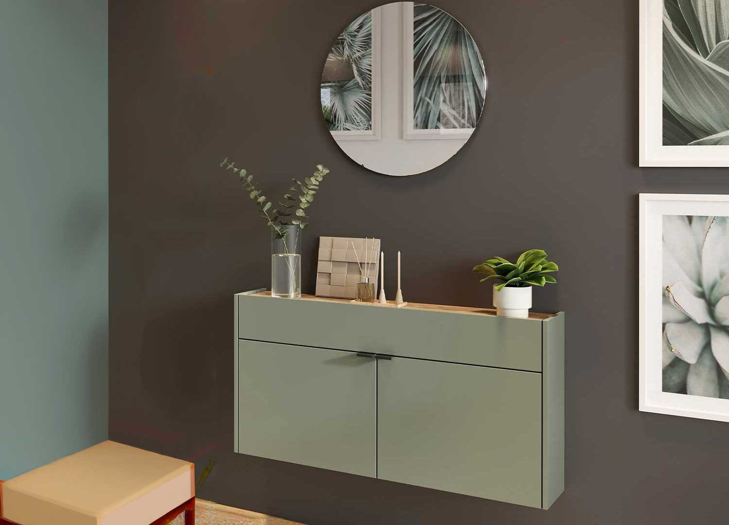 Meuble couloir suspendu vert sauge et chêne avec miroir
