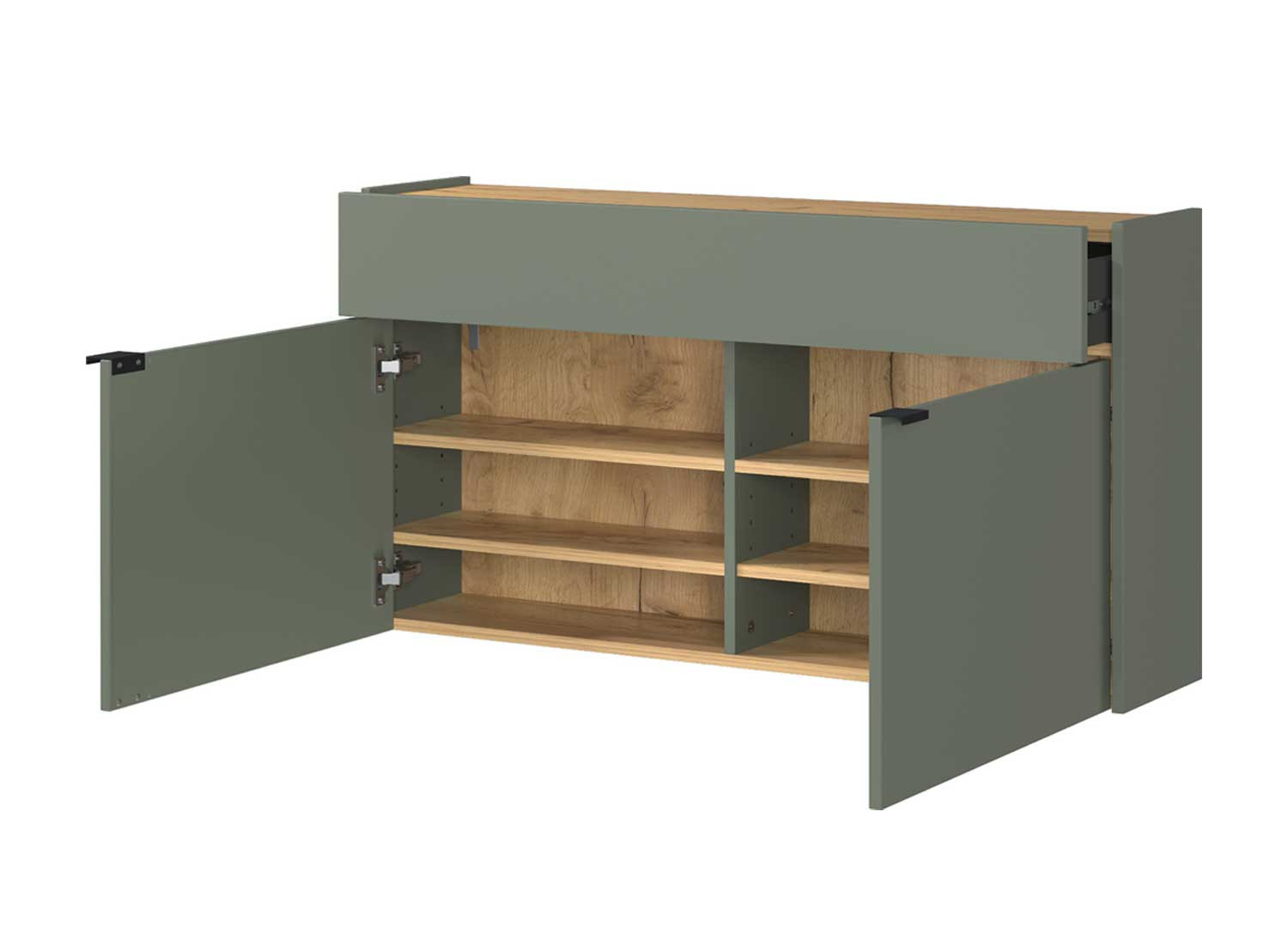 Meuble couloir suspendu vert sauge et chêne avec miroir