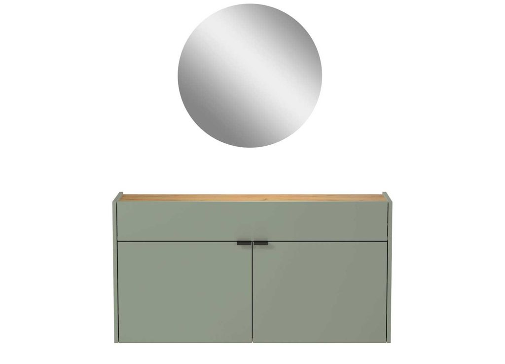 Meuble couloir suspendu vert sauge et chêne avec miroir
