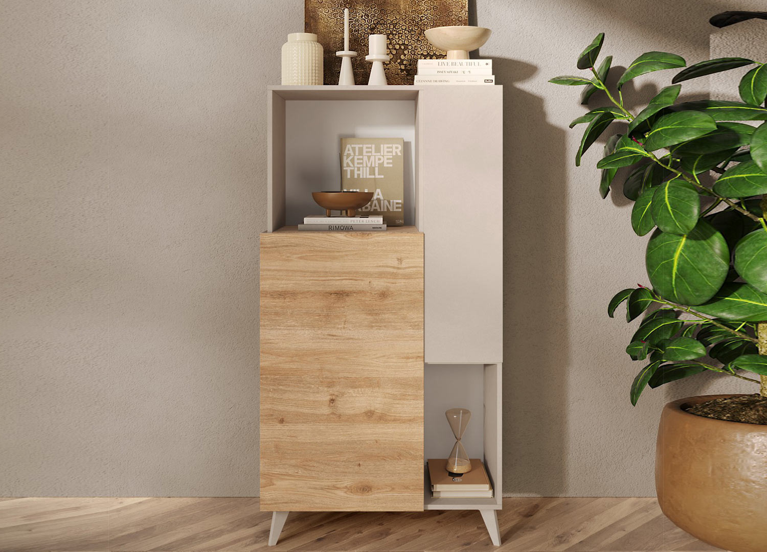 Meuble de rangement 154 cm 2 portes cashmere et chêne