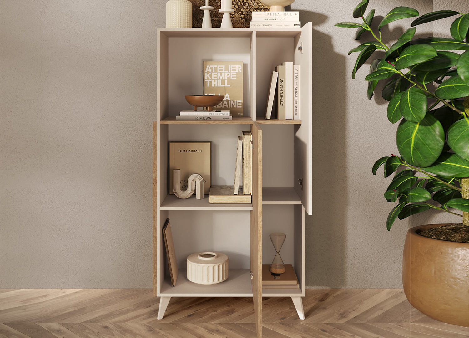 Meuble de rangement 154 cm 2 portes cashmere et chêne