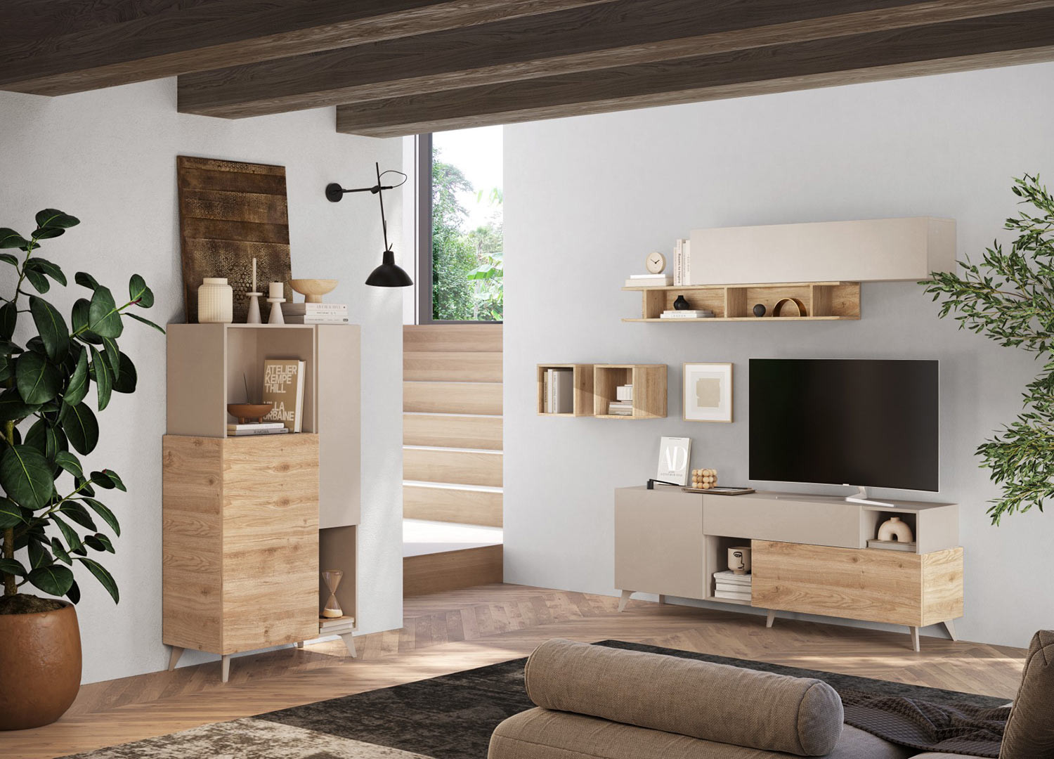 Meuble de rangement 154 cm 2 portes cashmere et chêne
