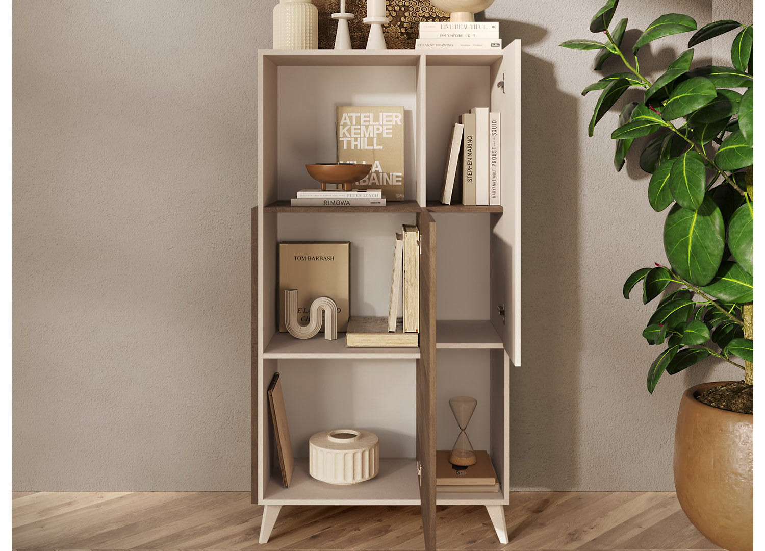 Meuble de rangement 154 cm 2 portes cashmere et chêne foncé