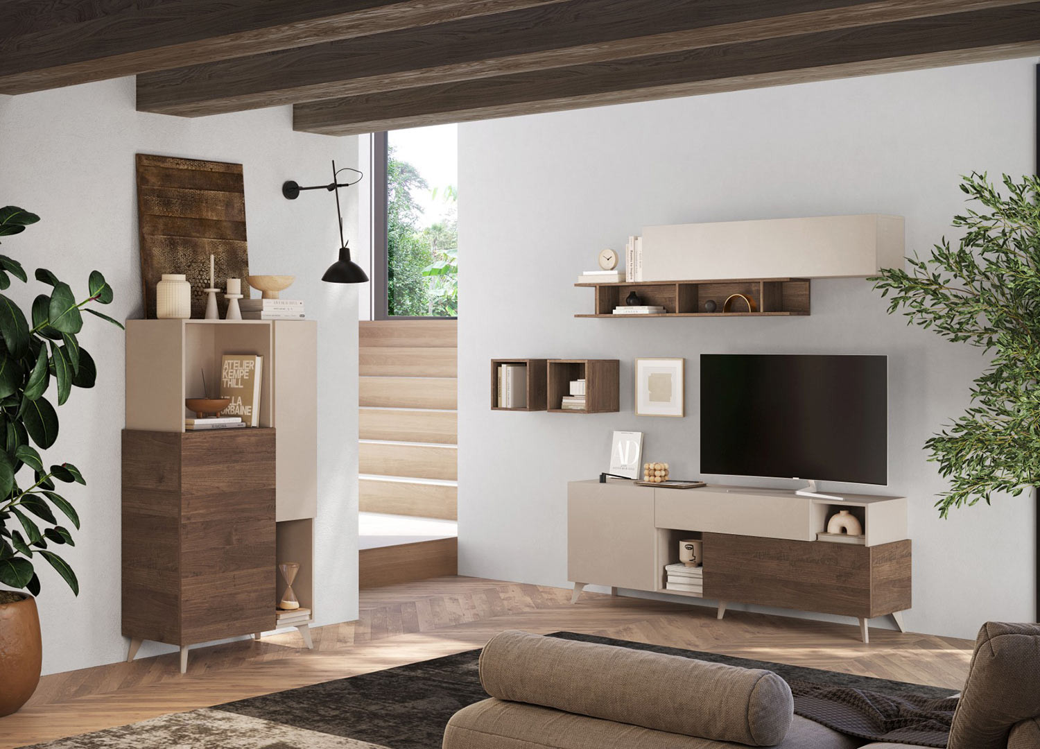 Meuble de rangement 154 cm 2 portes cashmere et chêne foncé