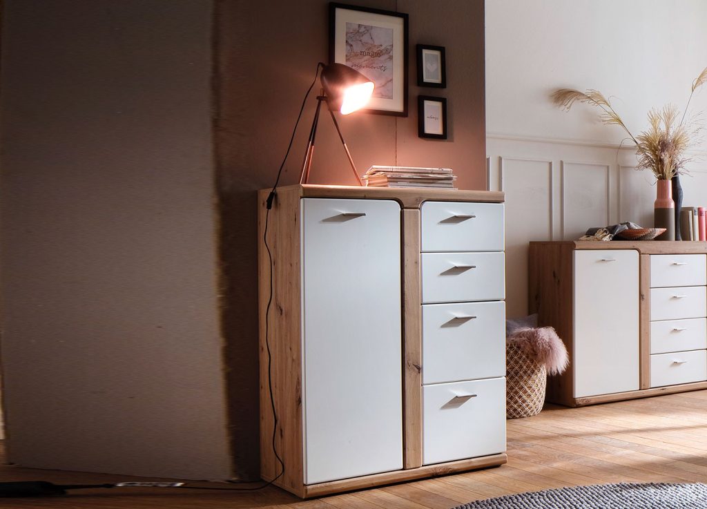 Meuble de rangement 4 tiroirs et 1 porte blanc et décor chêne