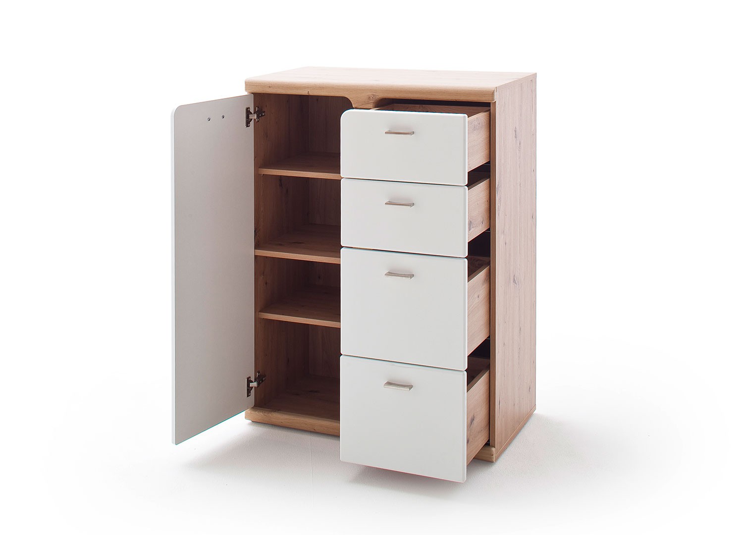 Meuble de rangement 4 tiroirs et 1 porte blanc et décor chêne