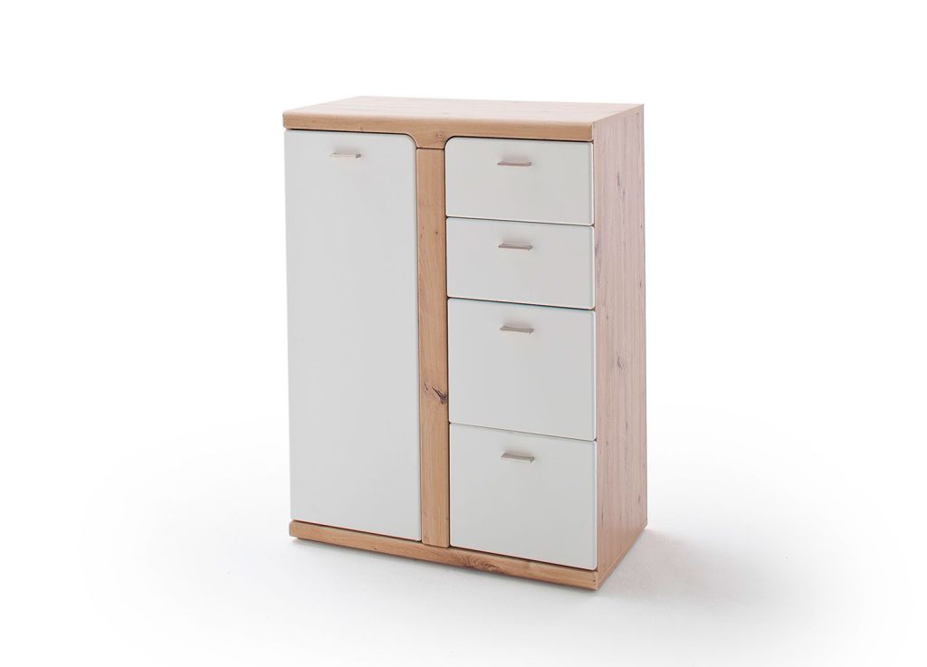 Meuble de rangement 4 tiroirs et 1 porte blanc et décor chêne