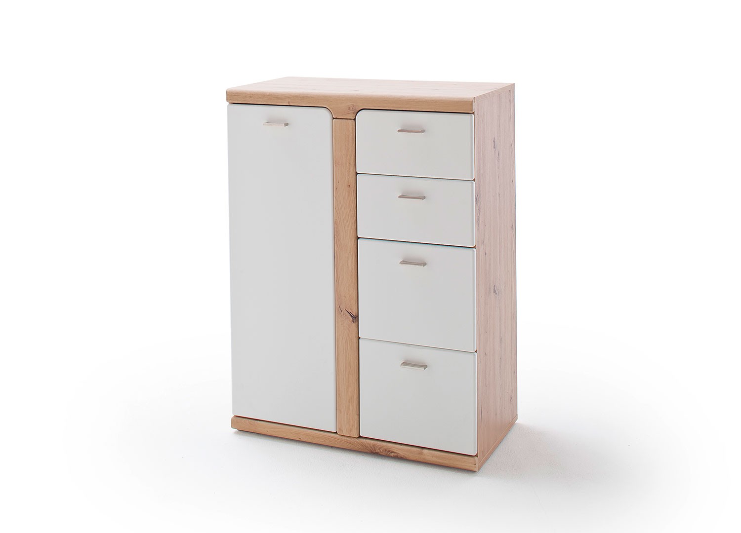 Meuble de rangement 4 tiroirs et 1 porte blanc et décor chêne