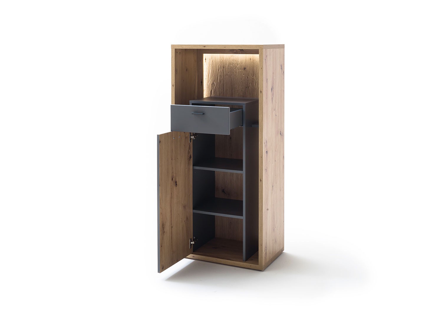 Meuble de rangement design gris et chêne poutre