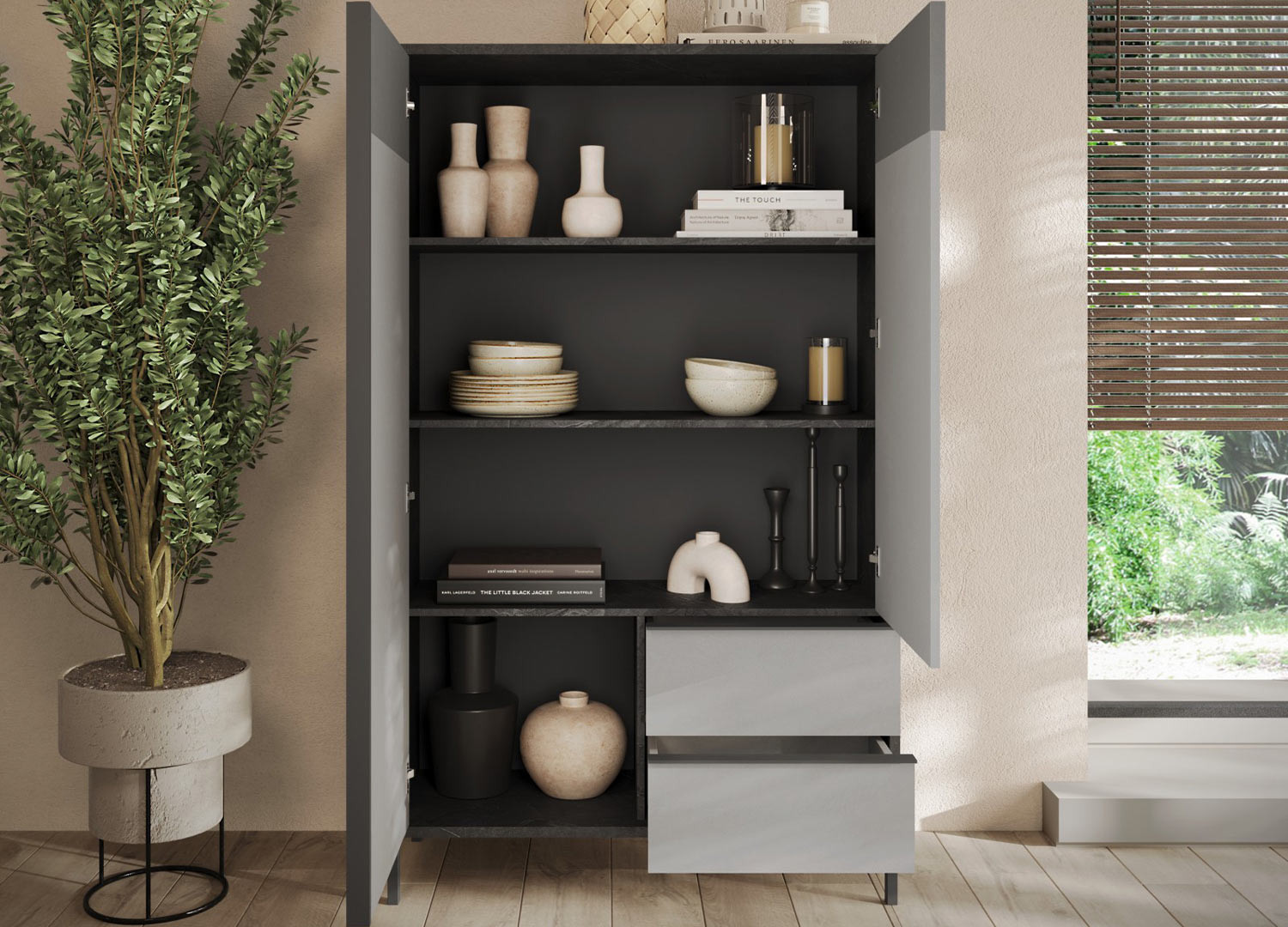 Meuble de rangement gris 2 portes et 2 tiroirs