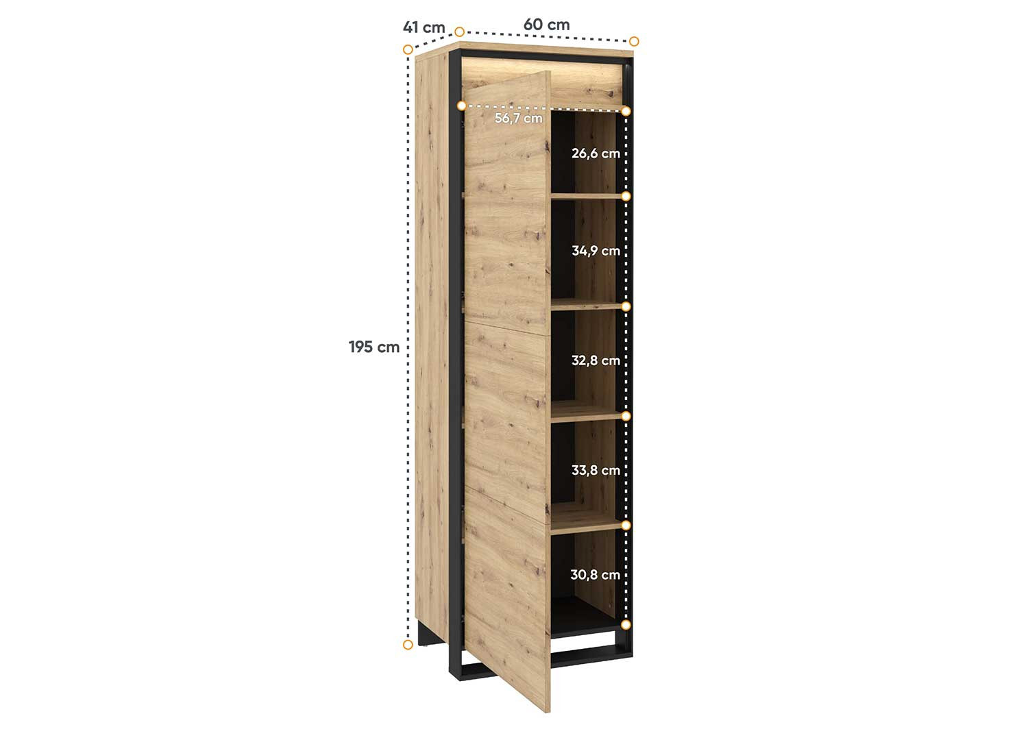 Meuble de rangement haut 195 cm 1 porte à LED chêne artisan et noir Edge