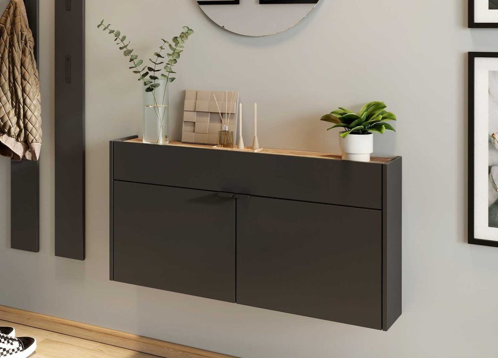 Meuble d'entrée suspendu design graphite et chêne