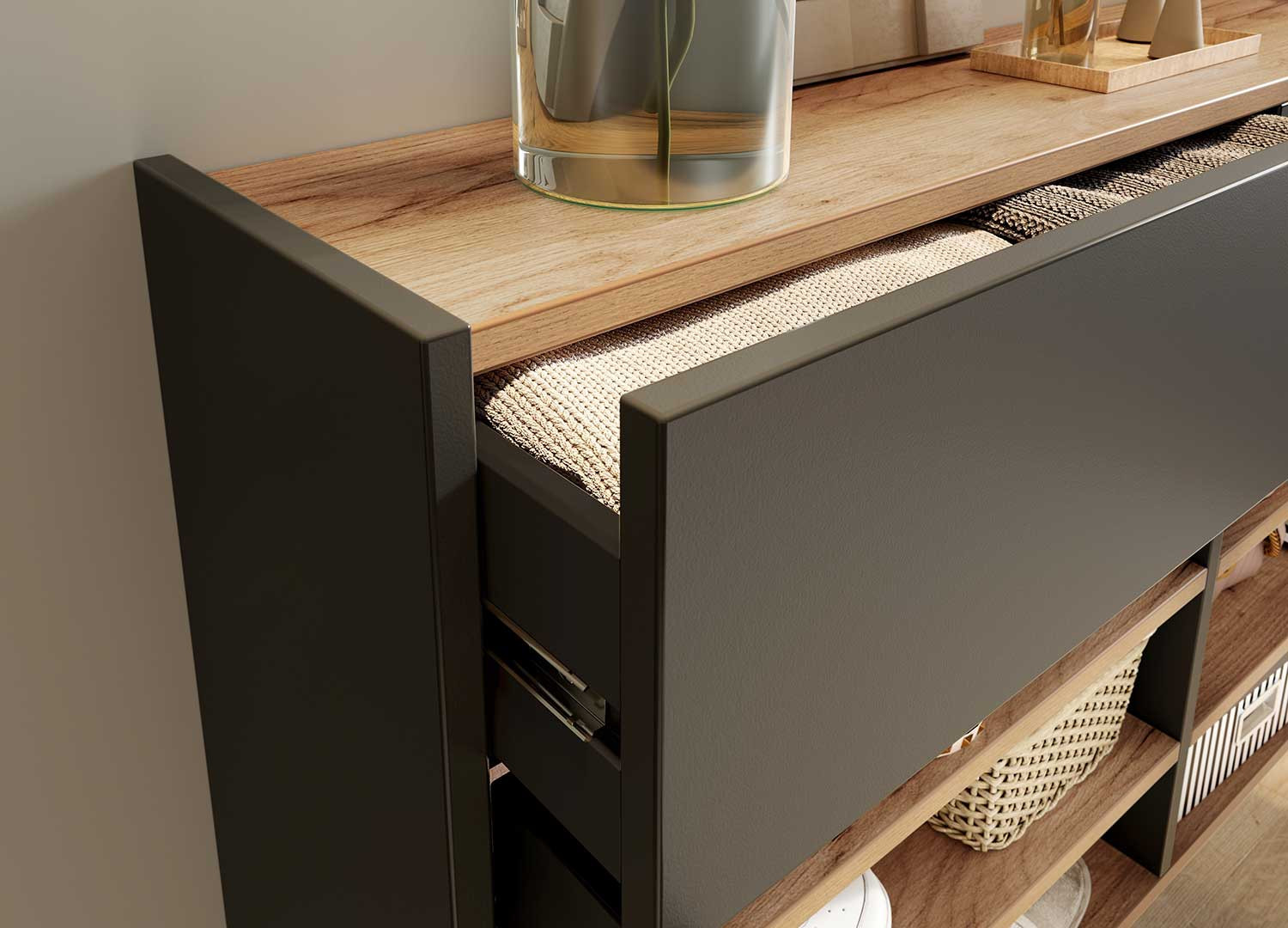 Meuble d'entrée suspendu design graphite et chêne