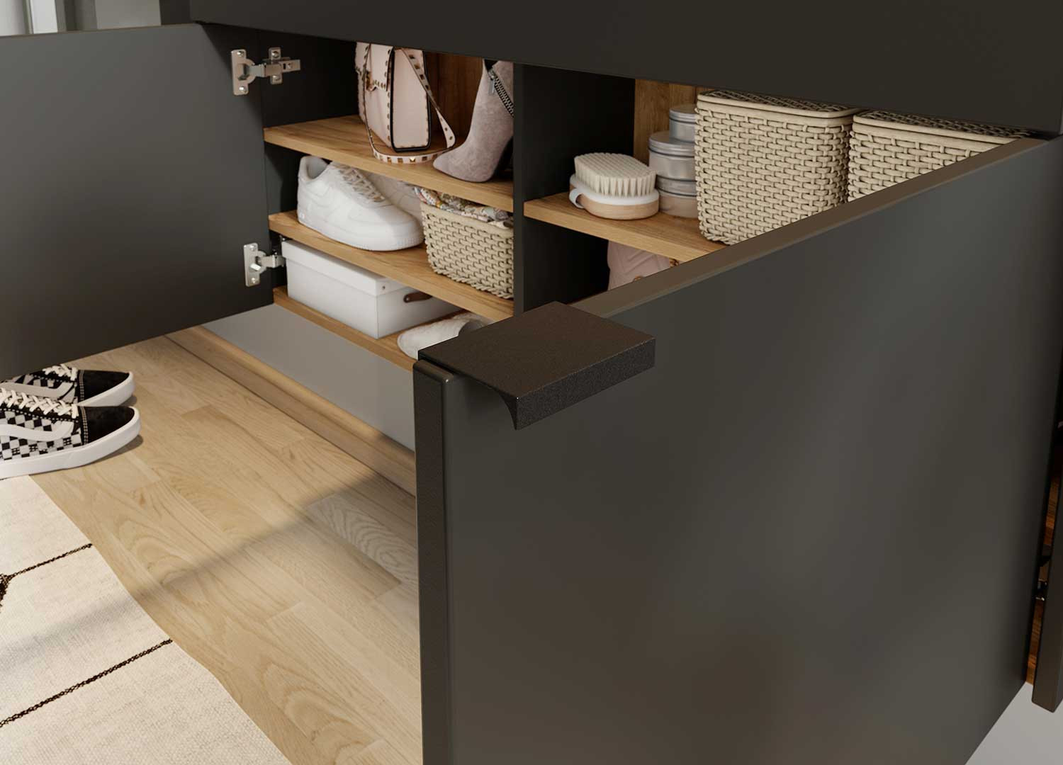 Meuble d'entrée suspendu design graphite et chêne